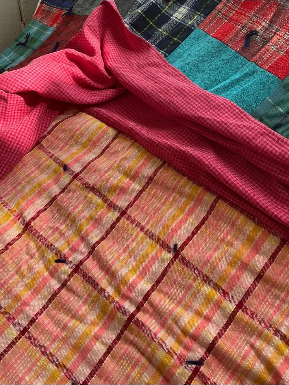 Vintage handmade patchwork quilt yarn tied plaid blanket with skirt 82x70